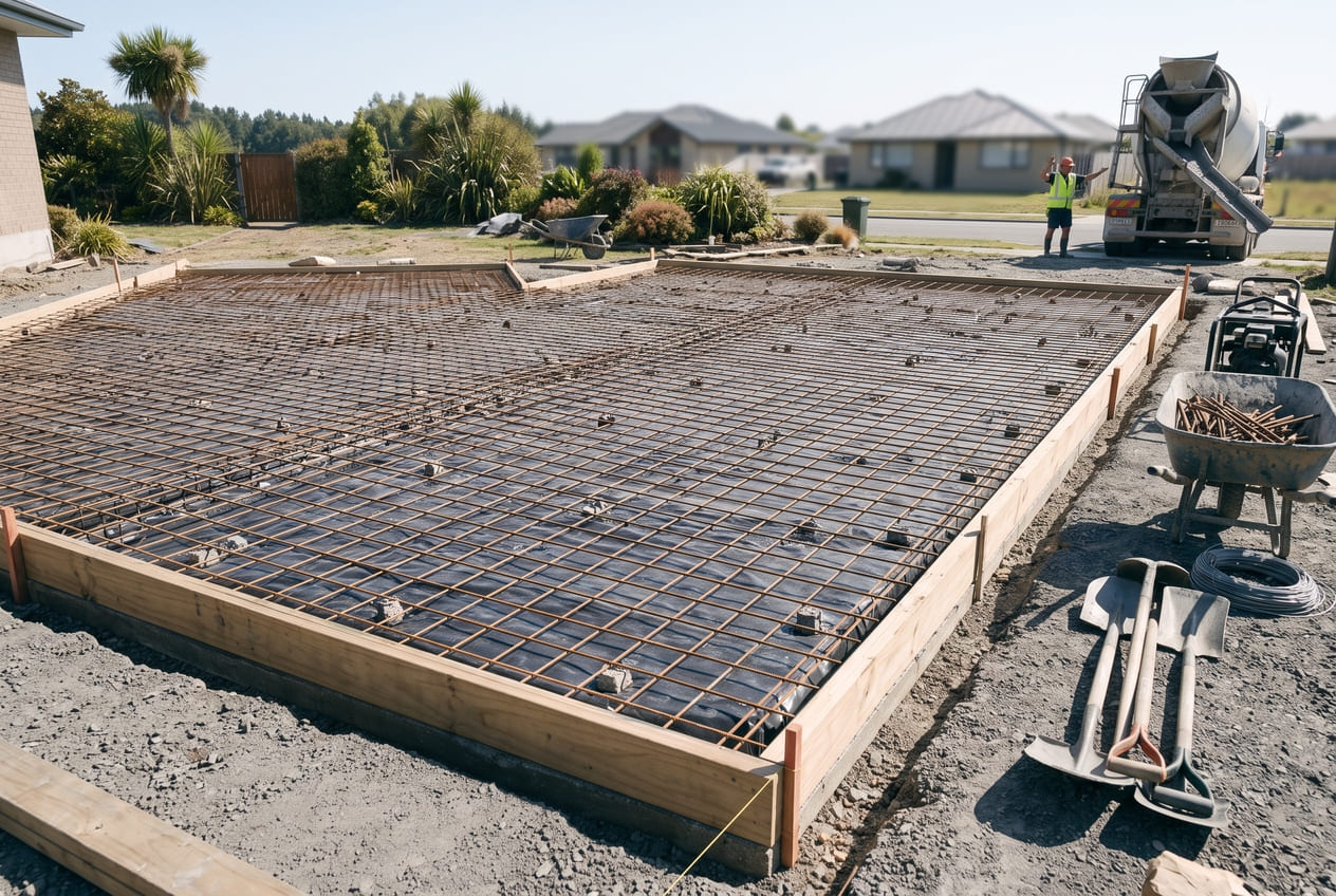 Concrete crew preparing a boxed and reinforced driveway area with the truck arriving