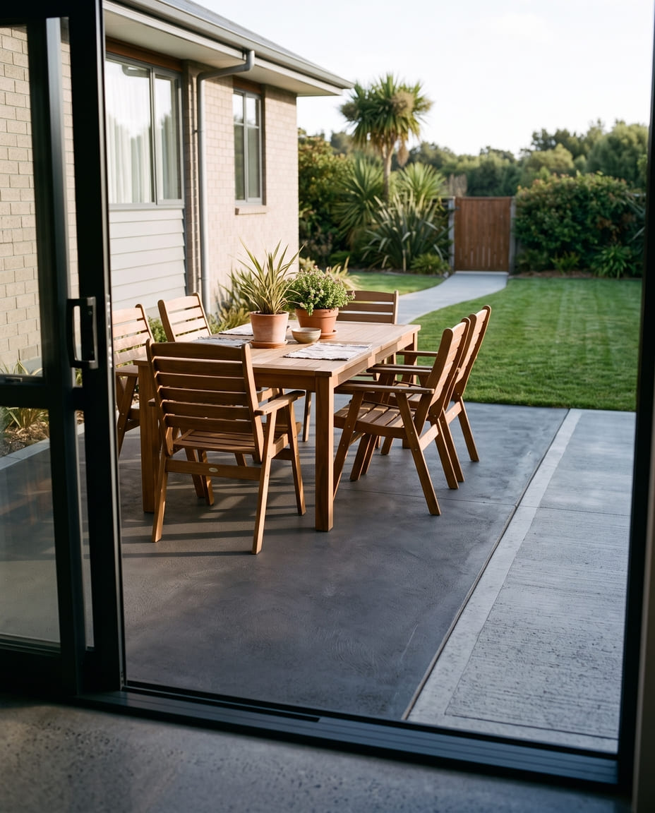 Coloured concrete patio outside open ranch sliders with an outdoor table